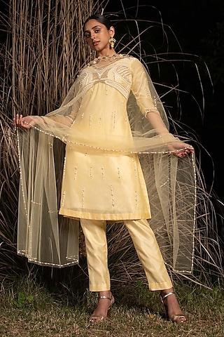 pale yellow hand embroidered a-line short kurta set