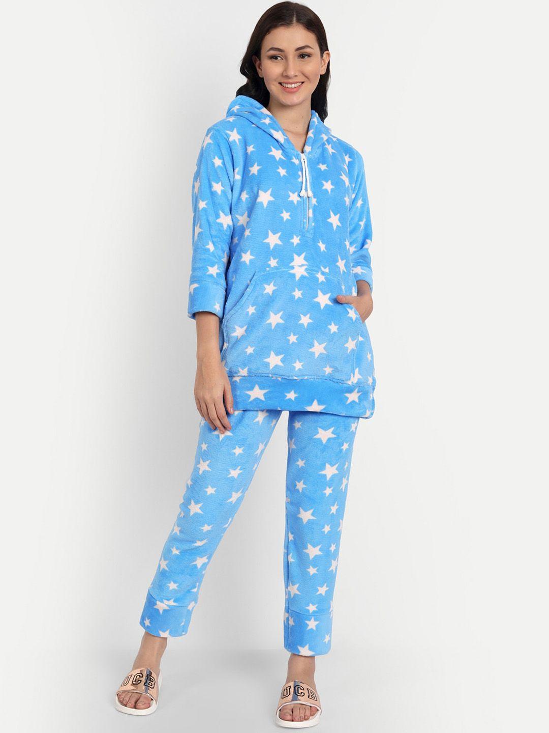 palival women blue & white printed night suit with hood