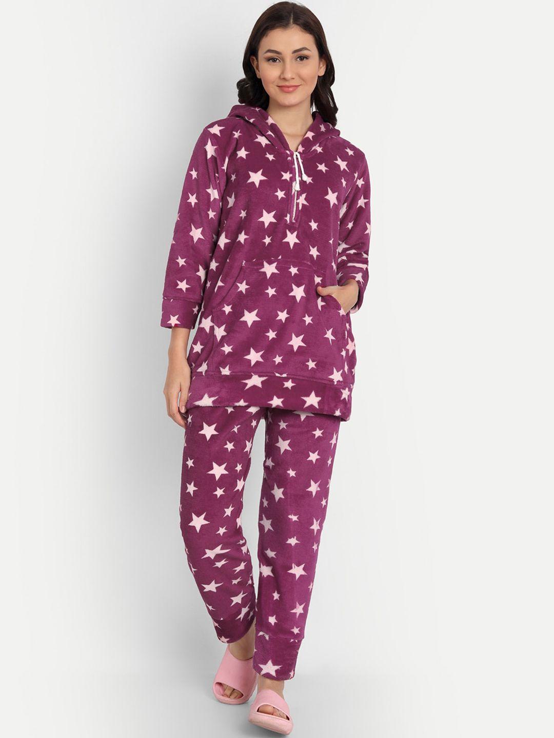 palival-women-maroon-&-white-printed-night-suit-with-hood