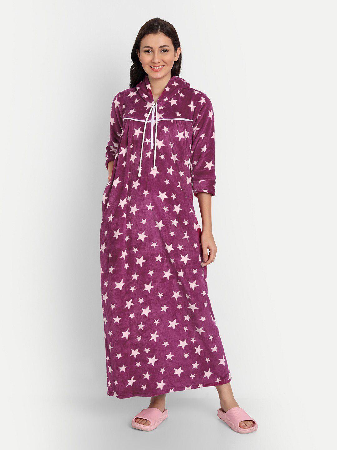 palival women maroon printed hooded maxi nightdress