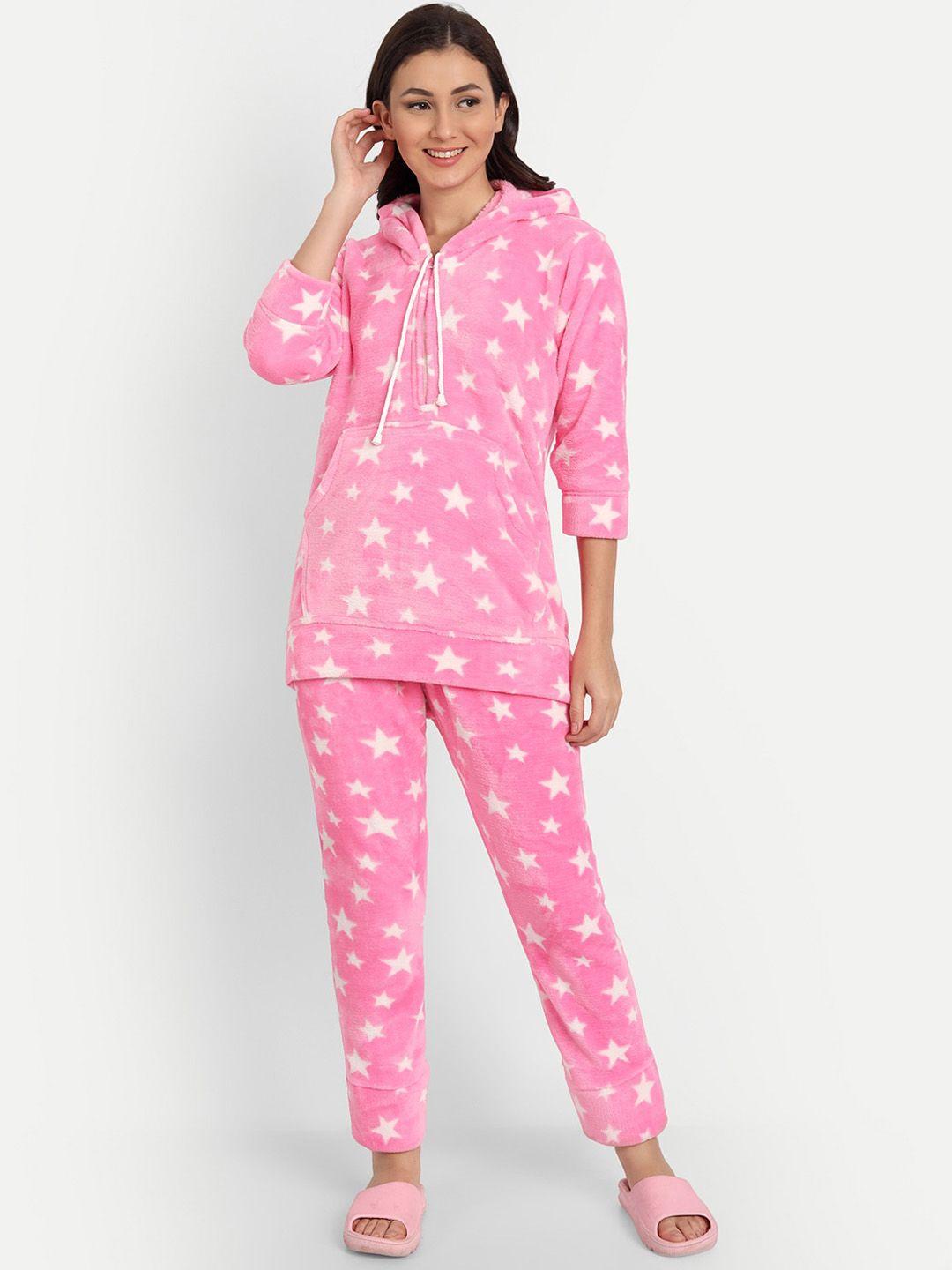 palival women pink & white printed night suit with hood