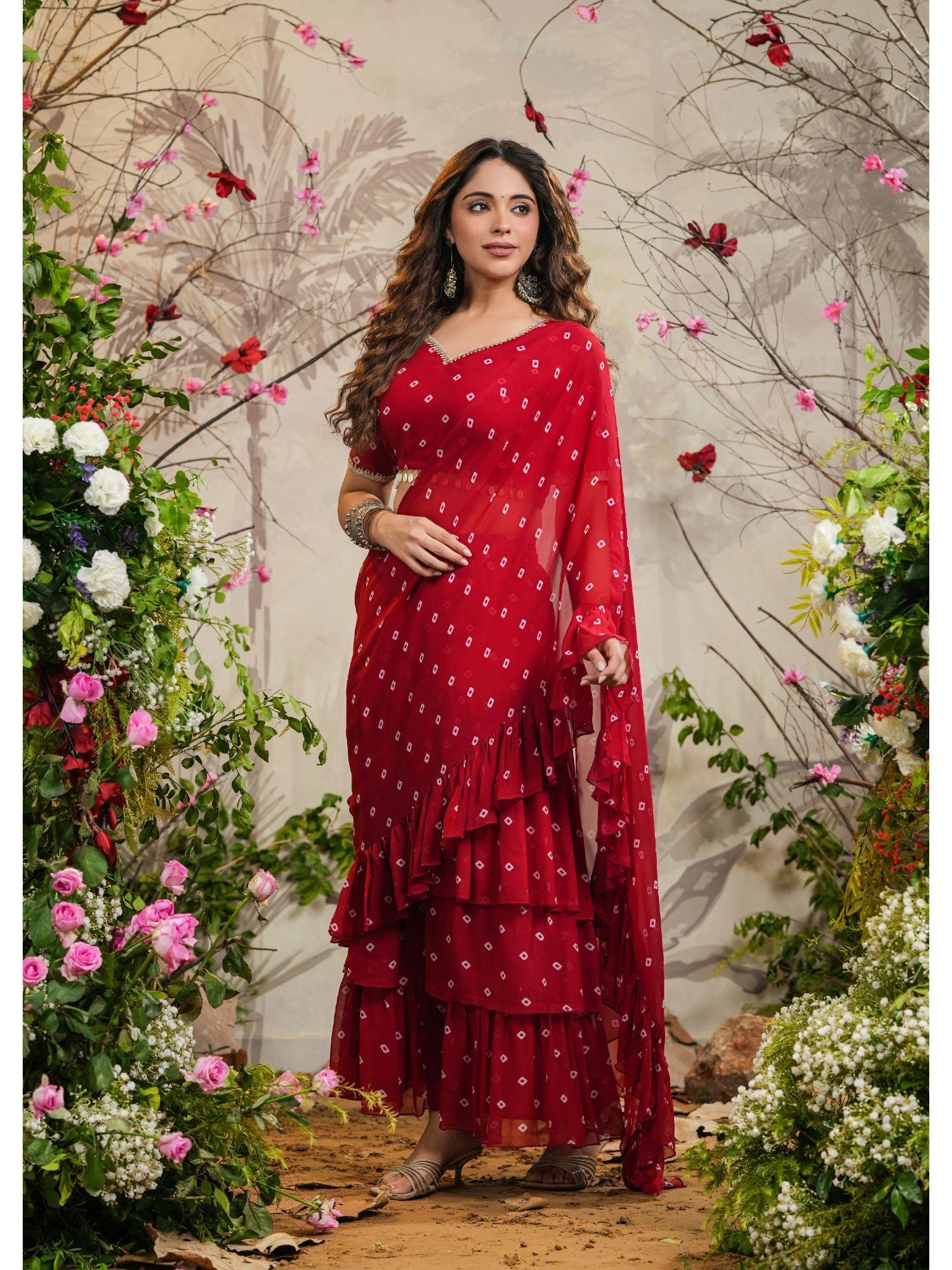 palki red bandhej pre-draped saree with stitched blouse