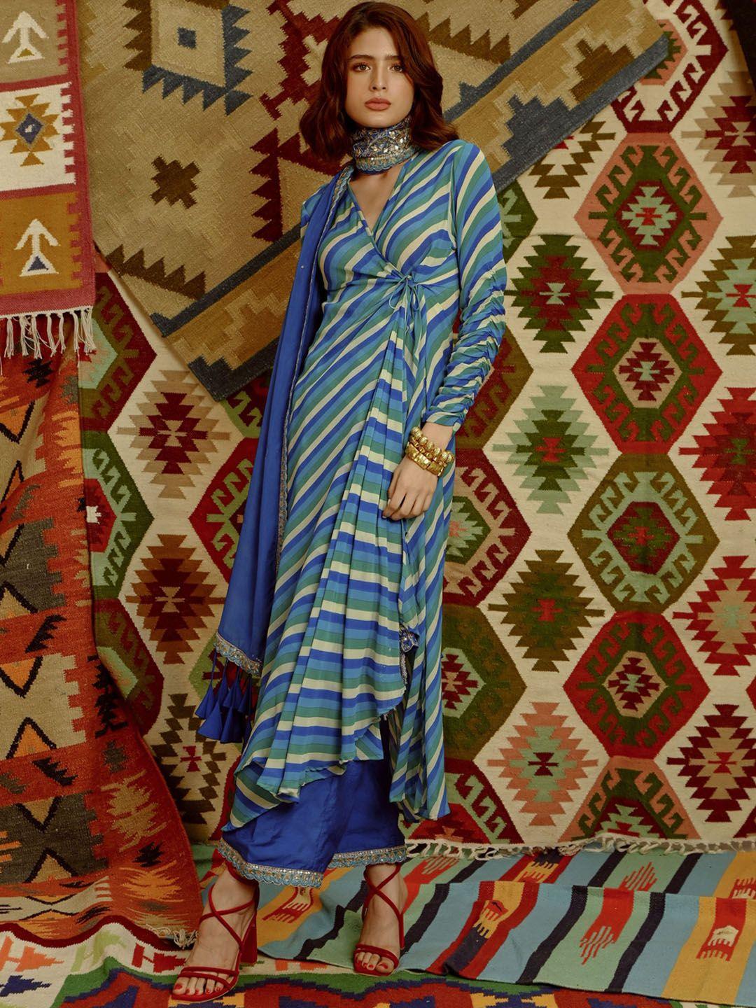 pallavi jaipur ethnic motifs printed silk crepe angrakha kurta & trouser with dupatta