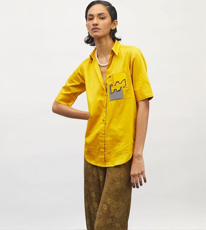 pallavi swadi mustard canary puzzle pop embroidered shirt