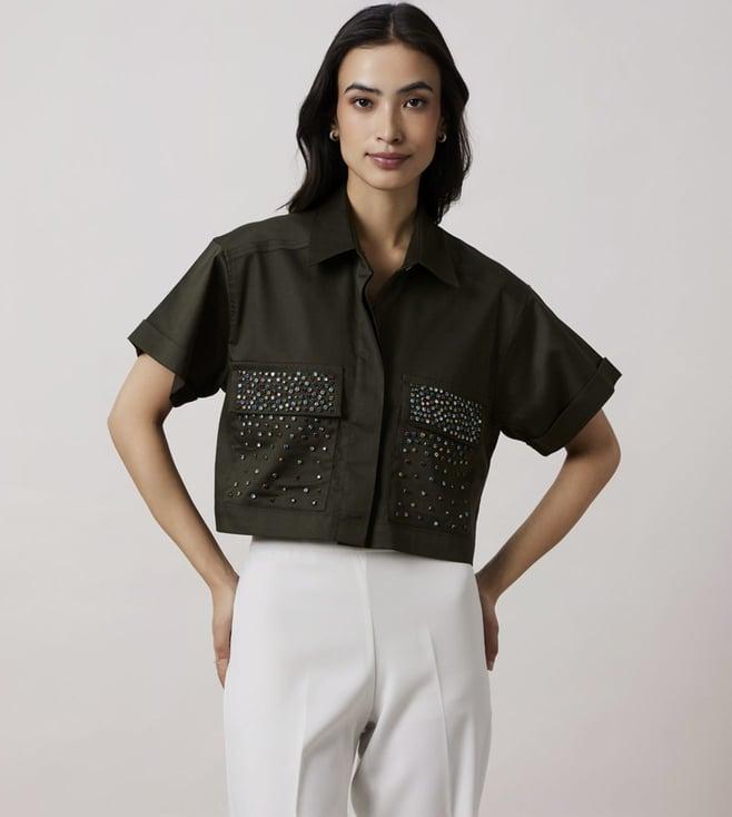 pallavi swadi olive crop shirt with multicolour swarovski studs