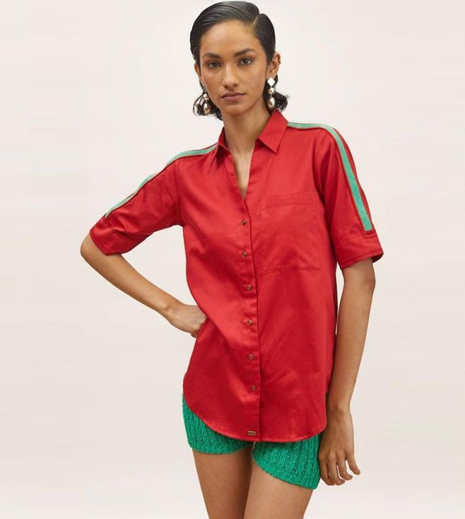 pallavi swadi red embellished jade green pop ribbon shirt