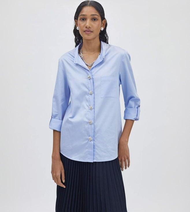 pallavi swadi sky blue swarovski button shirt