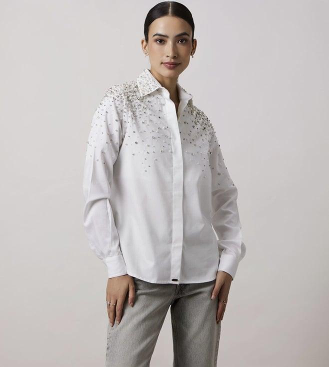 pallavi swadi white encrusted pearl swarovski shirt