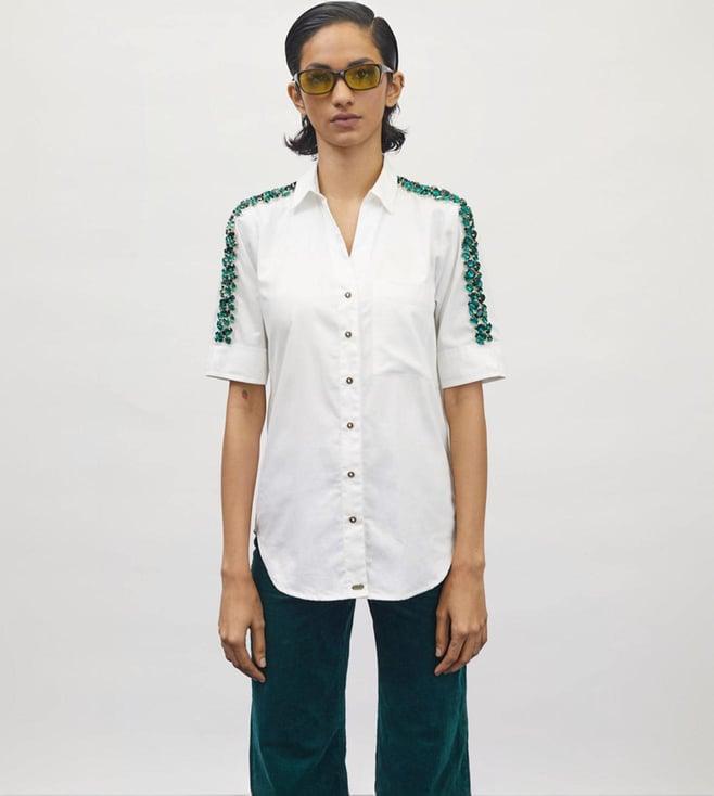 pallavi swadi white swarovski emerald ribbon shirt