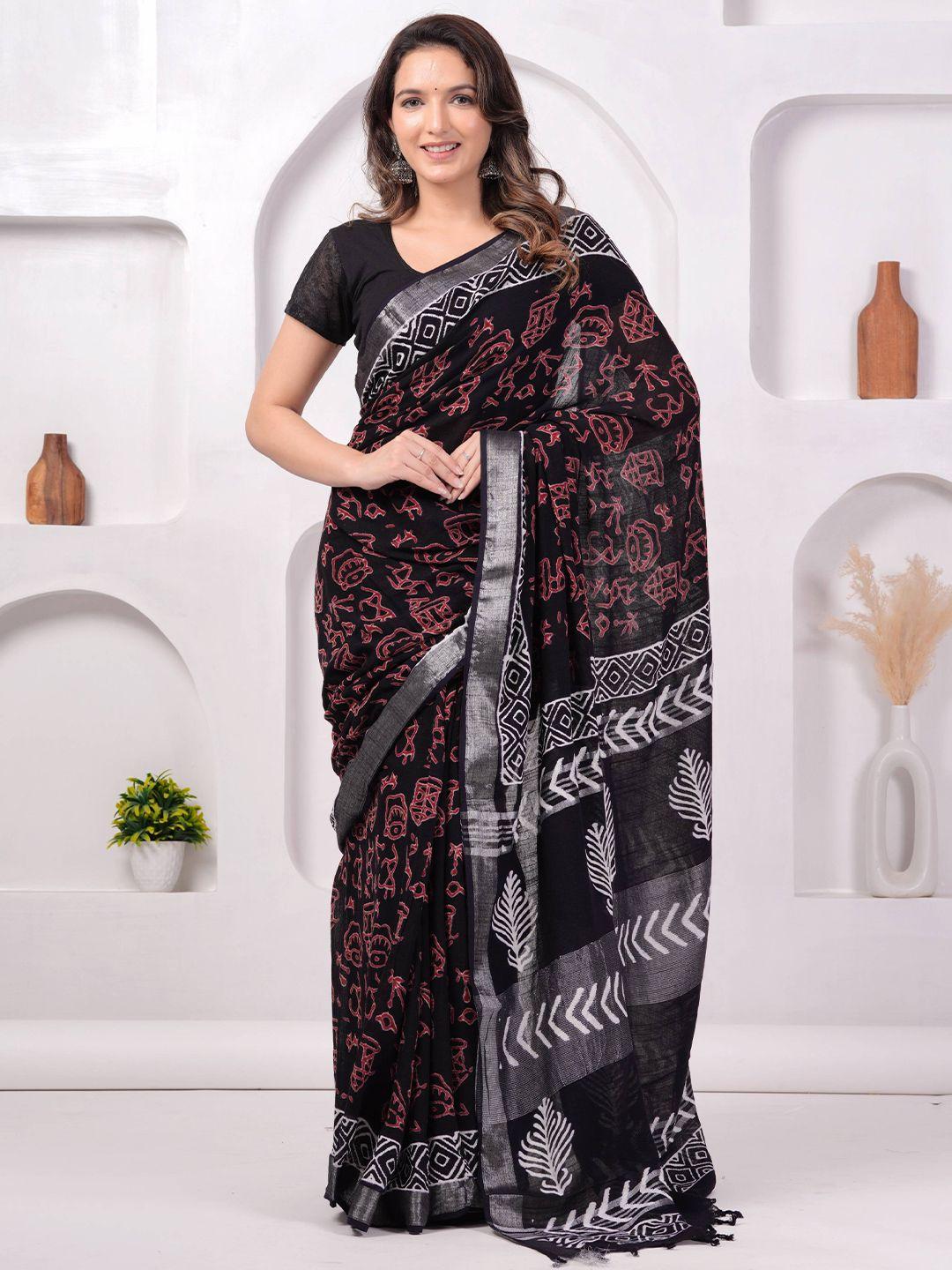 pallo latke black & white dabu zari block printed saree