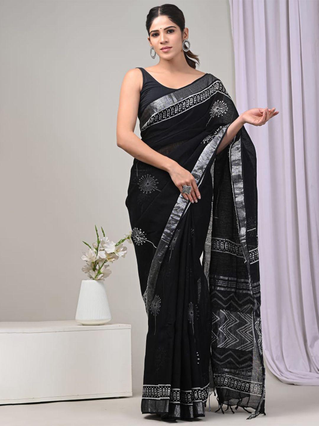pallo latke black & white floral printed zari cotton block print saree