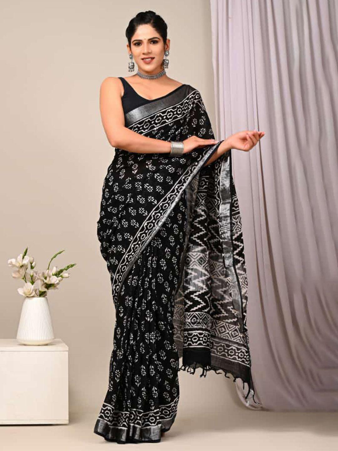 pallo latke black & white floral zari block printed cotton saree