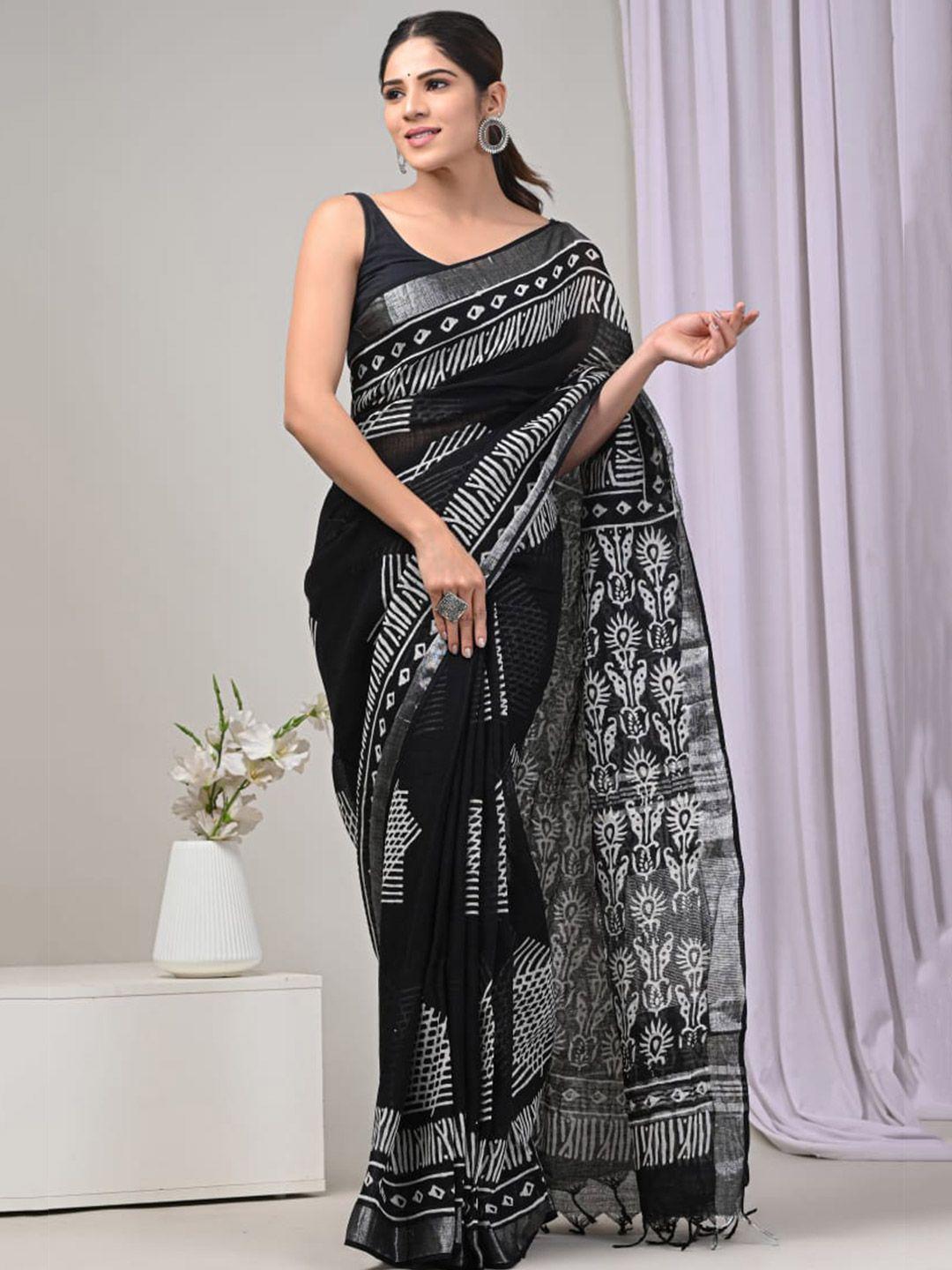 pallo latke black & white zari printed cotton saree