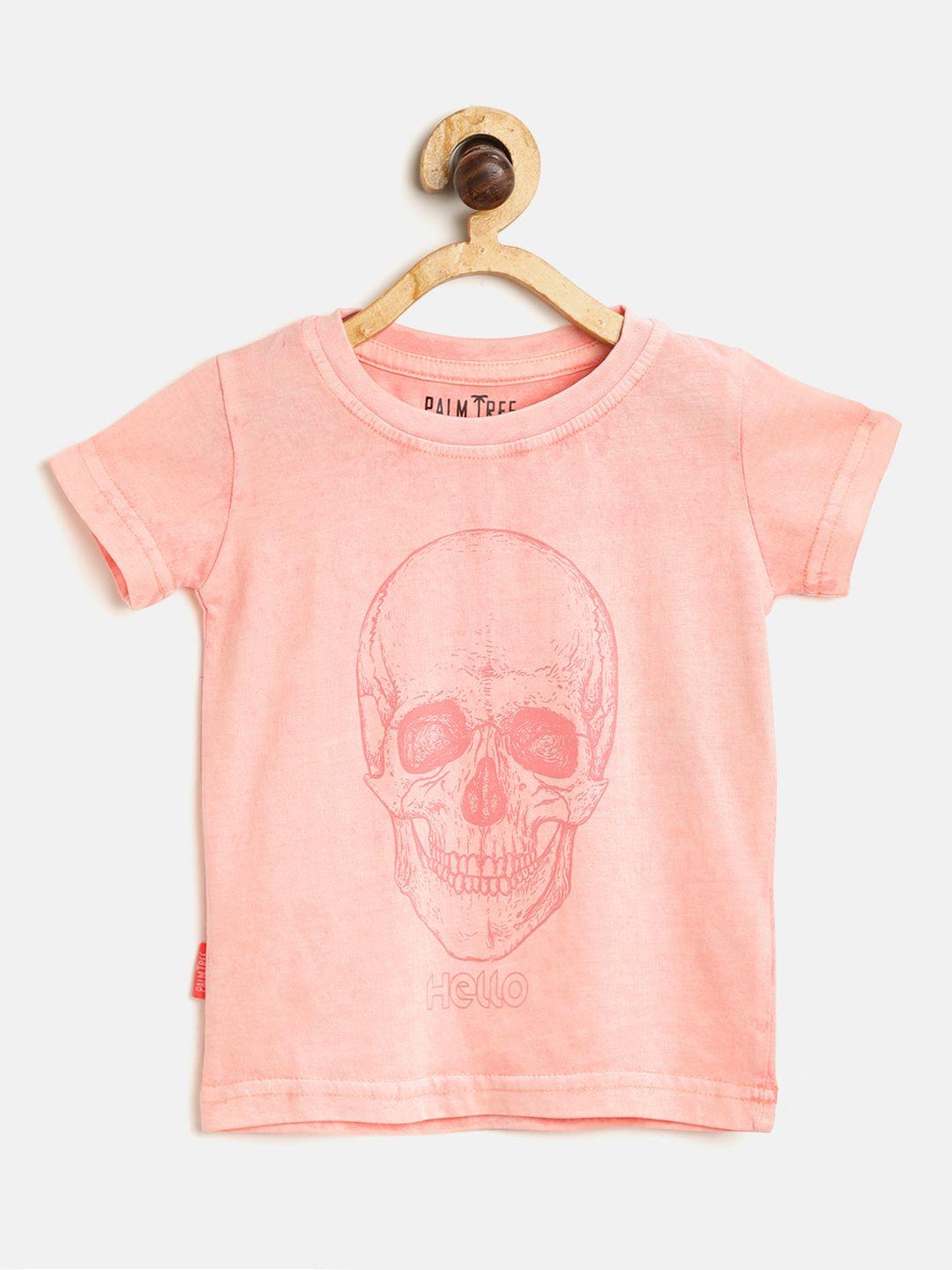 palm tree boys peach-coloured printed round neck pure cotton t-shirt with dyed effect