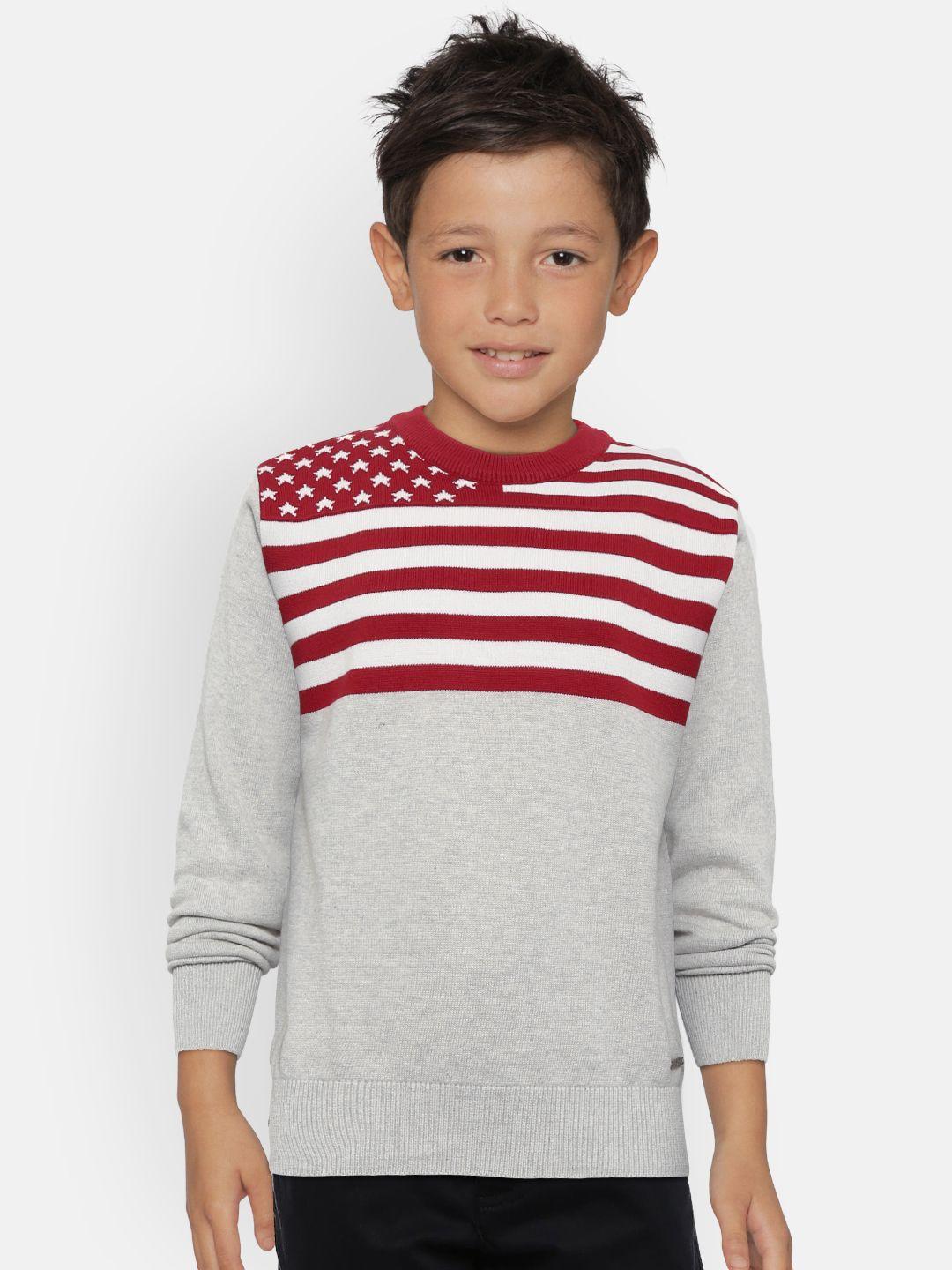 palm tree boys grey melange & red striped pullover sweater