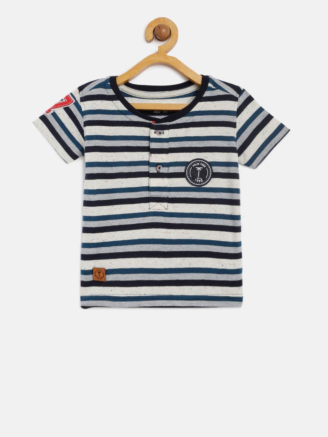 palm tree boys navy blue & off white striped round neck t-shirt