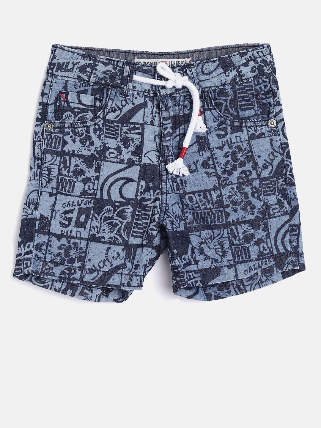 palm tree boys navy blue printed regular fit denim shorts