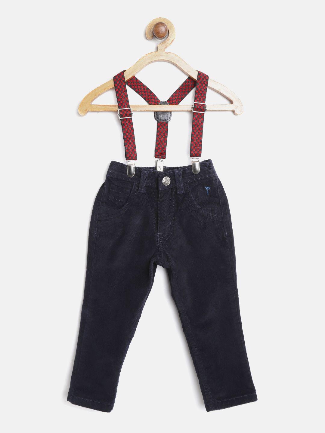 palm tree boys navy blue regular fit solid corduroy trousers with suspendors