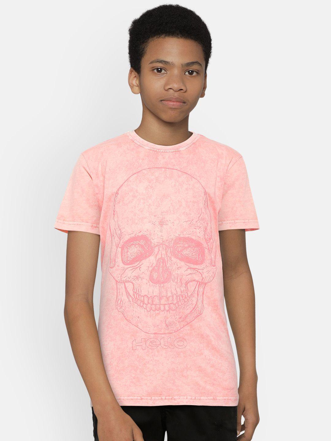 palm tree boys peach-coloured printed round neck pure cotton t-shirt with dyed effect