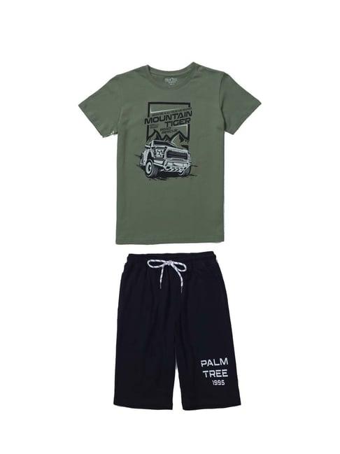 palm tree kids olive & black printed t-shirt set