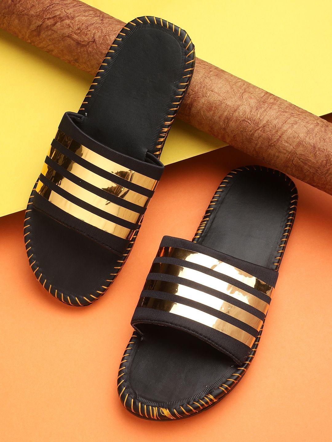 pampy angel men gold-toned & black solid sliders