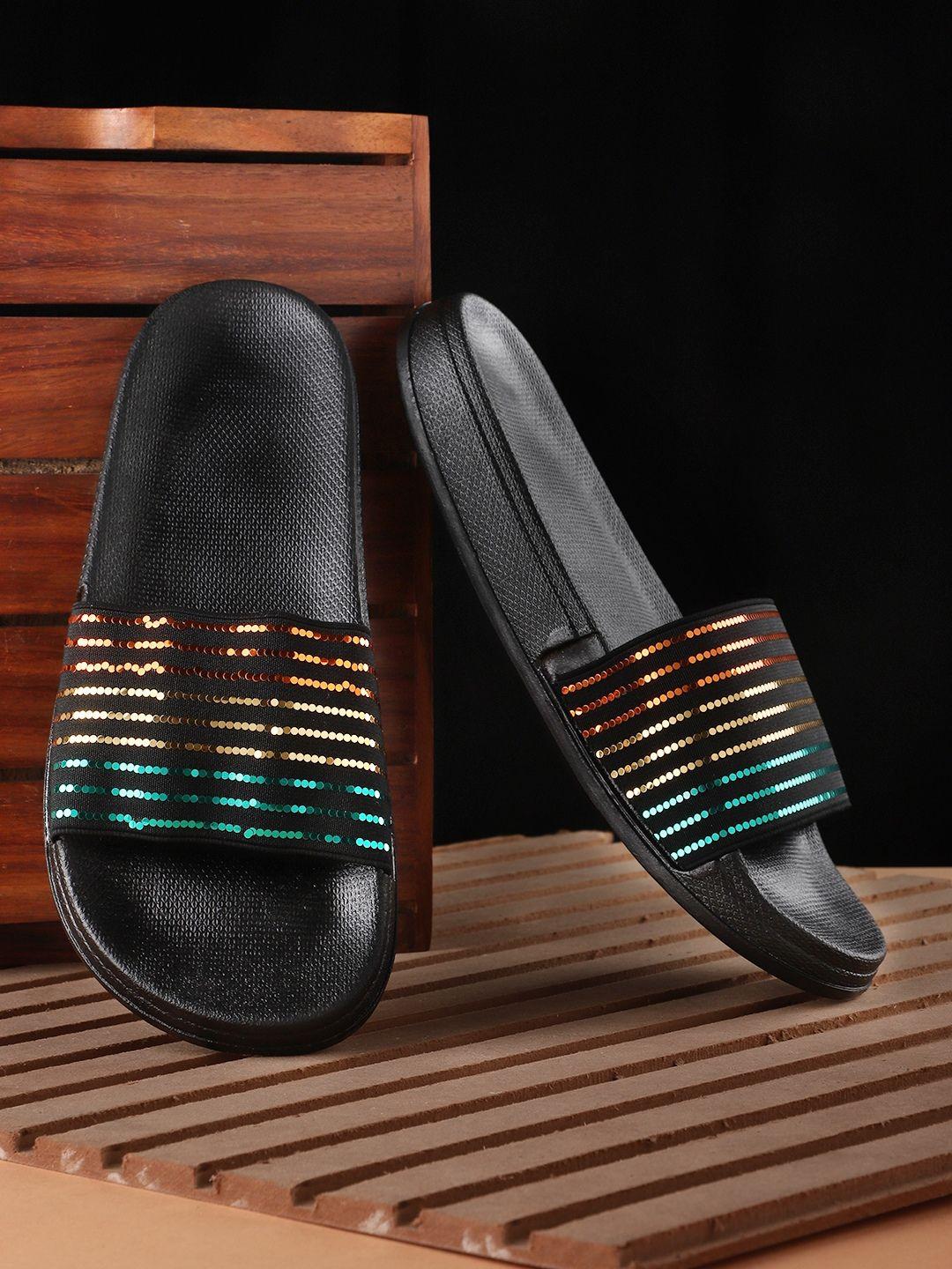 pampy angel women black & blue striped rubber sliders