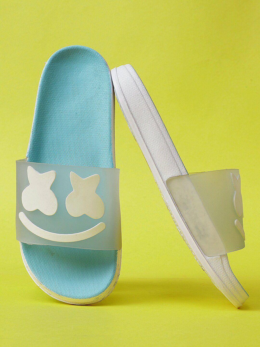 pampy angel women blue & white printed rubber sliders