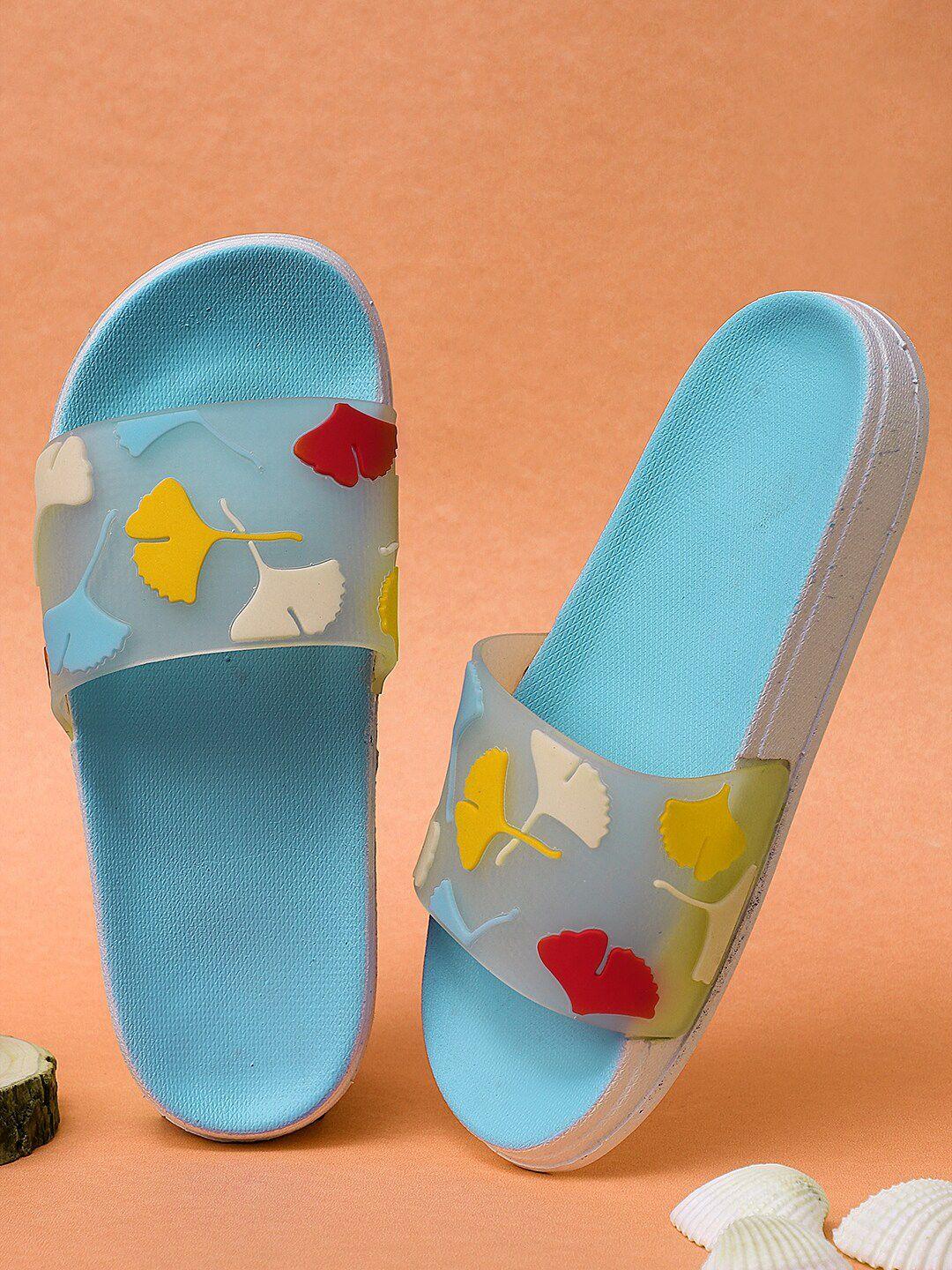 pampy angel women blue & yellow printed rubber sliders