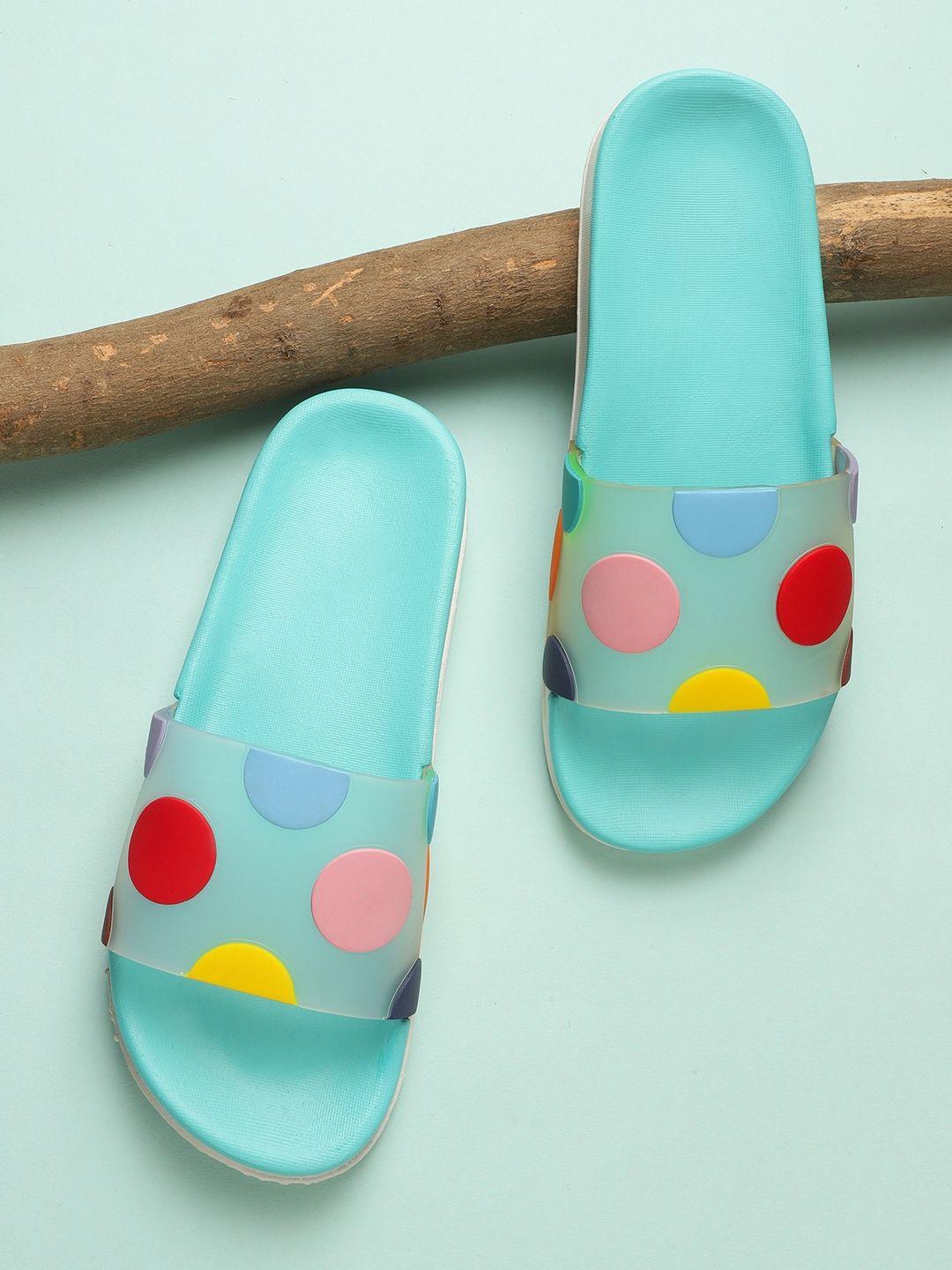 pampy angel women turquoise blue & red polka dots printed rubber sliders