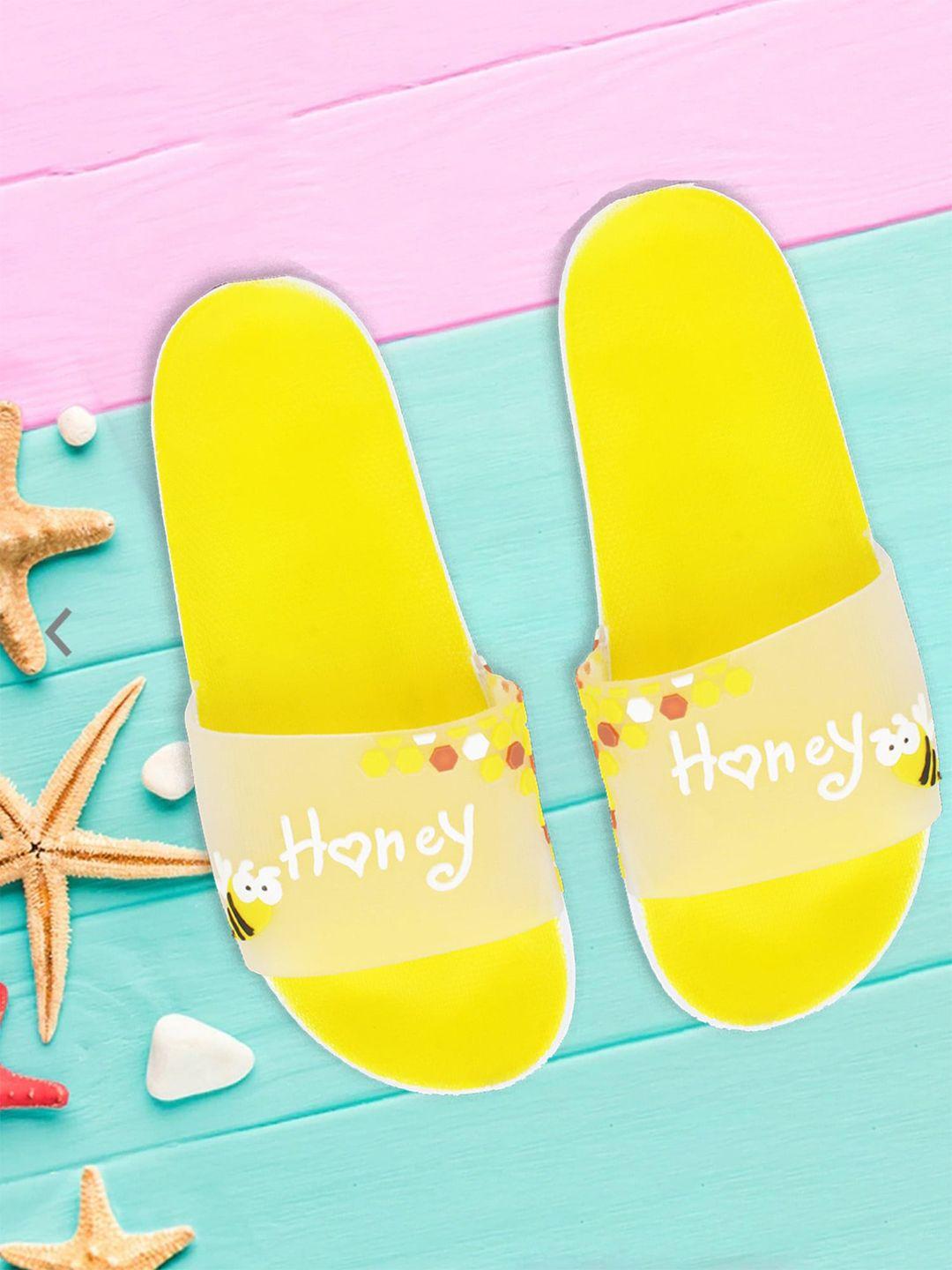 pampy angel women yellow & white printed rubber sliders