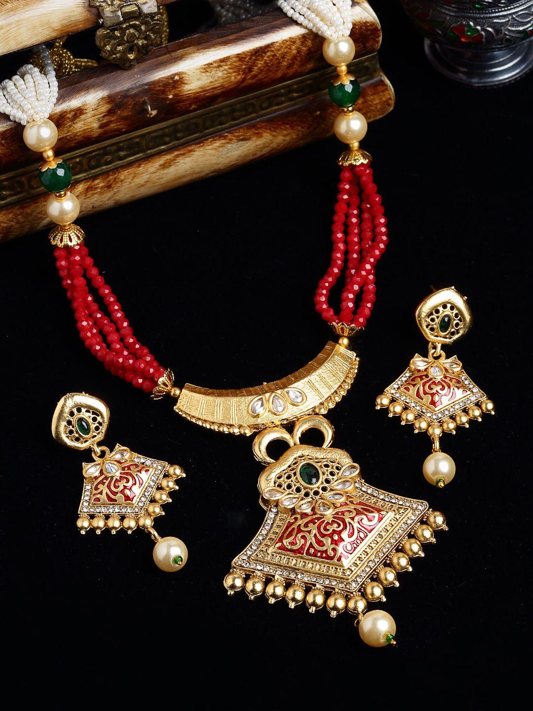 panash gold-plated & red stone-studded & beaded jewellery set