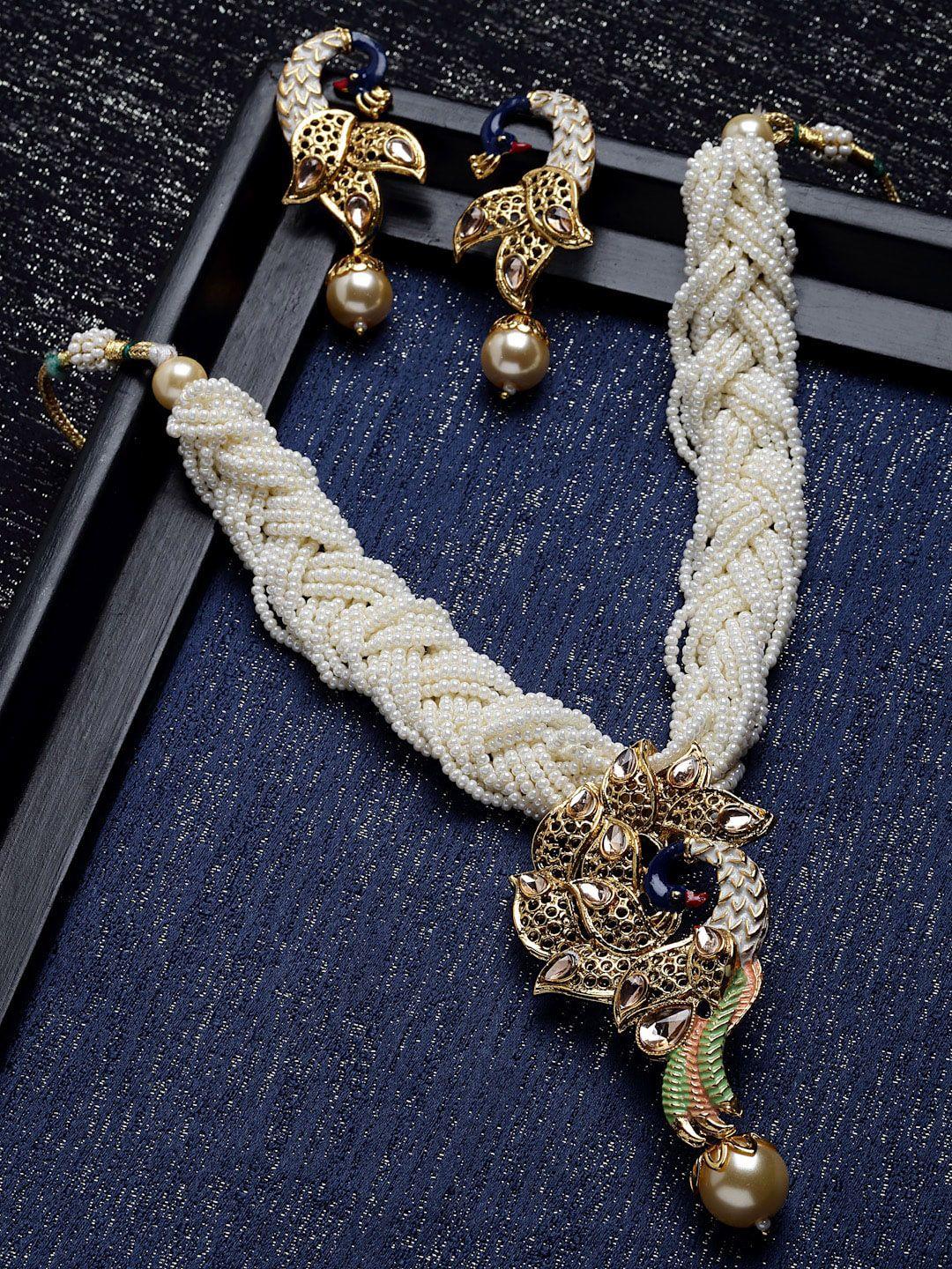 panash gold-plated gold-toned stone studded off-white pearl beaded meenakari jewellery set