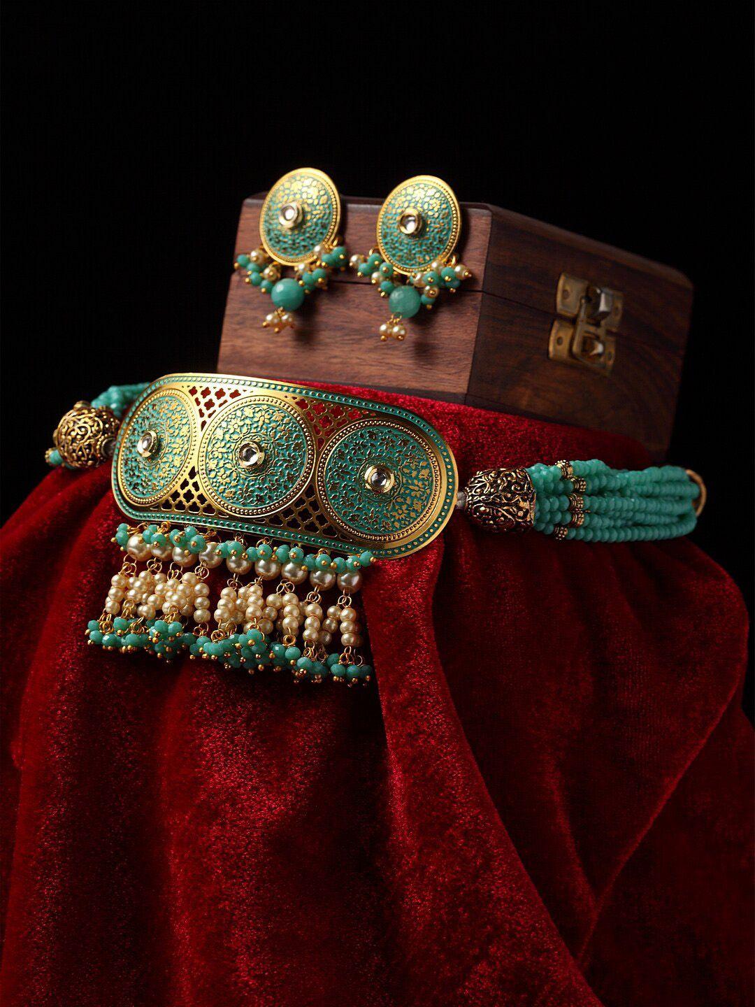 panash gold-plated turquoise blue & beige filigree work pearl-beaded jewellery set