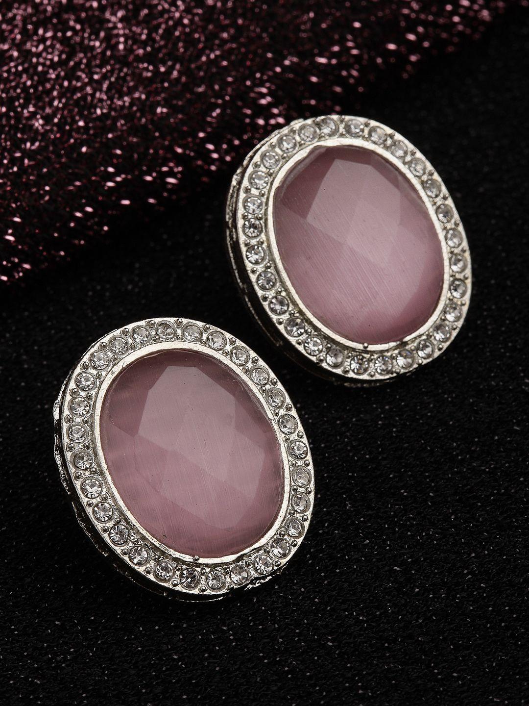 panash silver plated & peach-coloured oval studs earrings