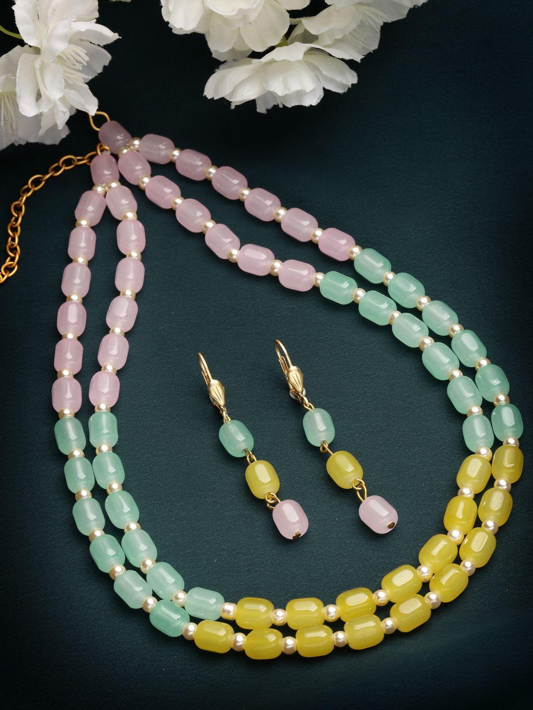 panash women gold-plated green & yellow pearl beaded jewellery set