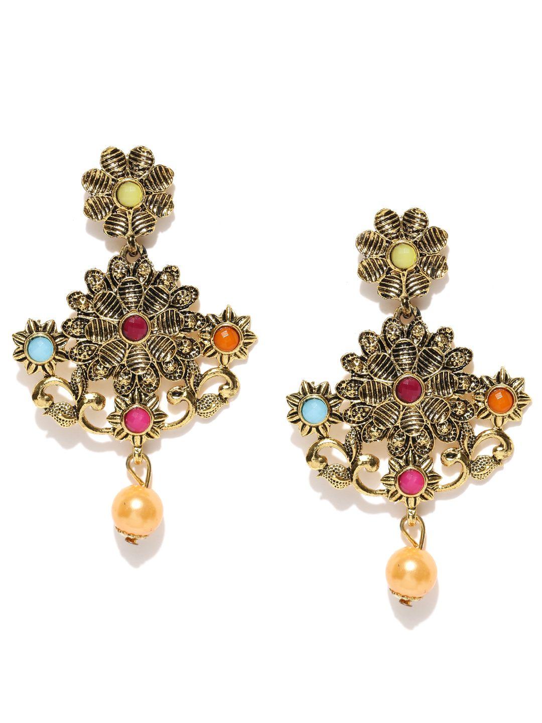 panash antique gold-plated stone-studded handcrafted drop earrings