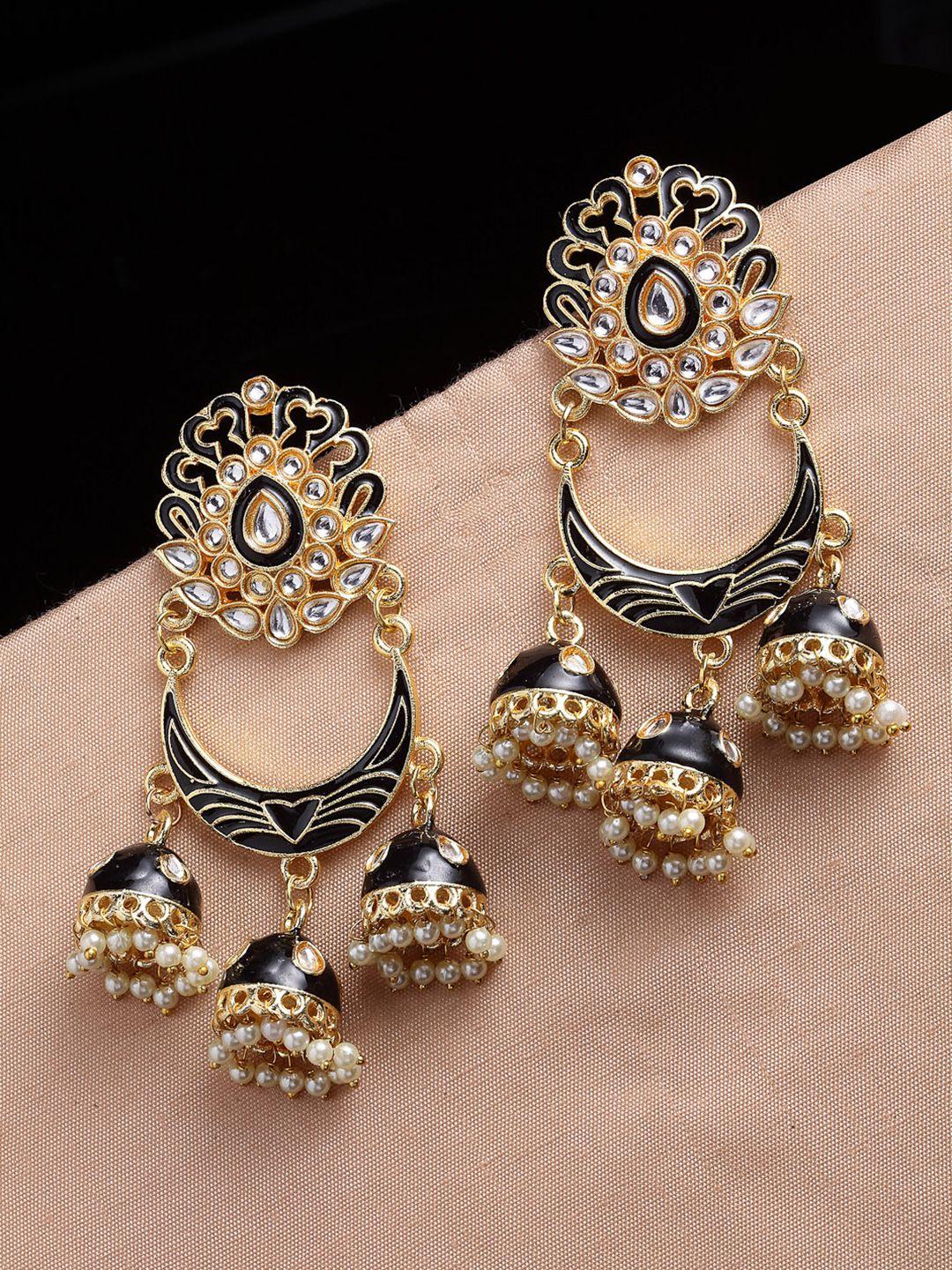 panash black & gold-plated crescent shaped kundan jhumkas earrings