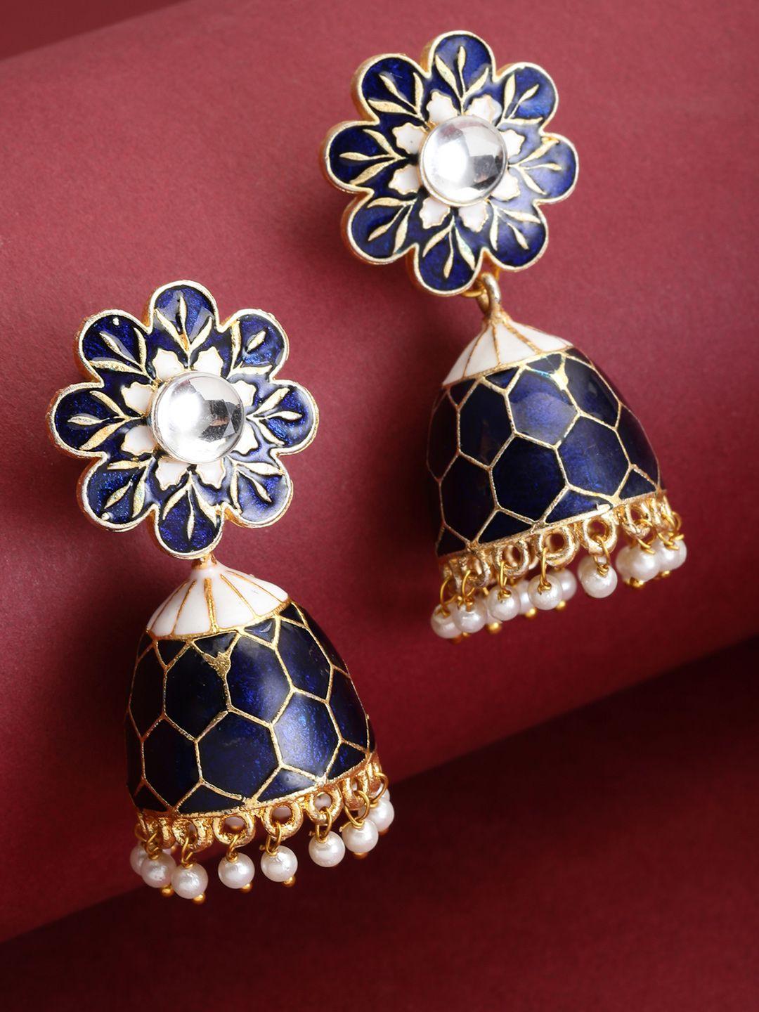 panash blue & gold-plated meenakari jhumkas earrings