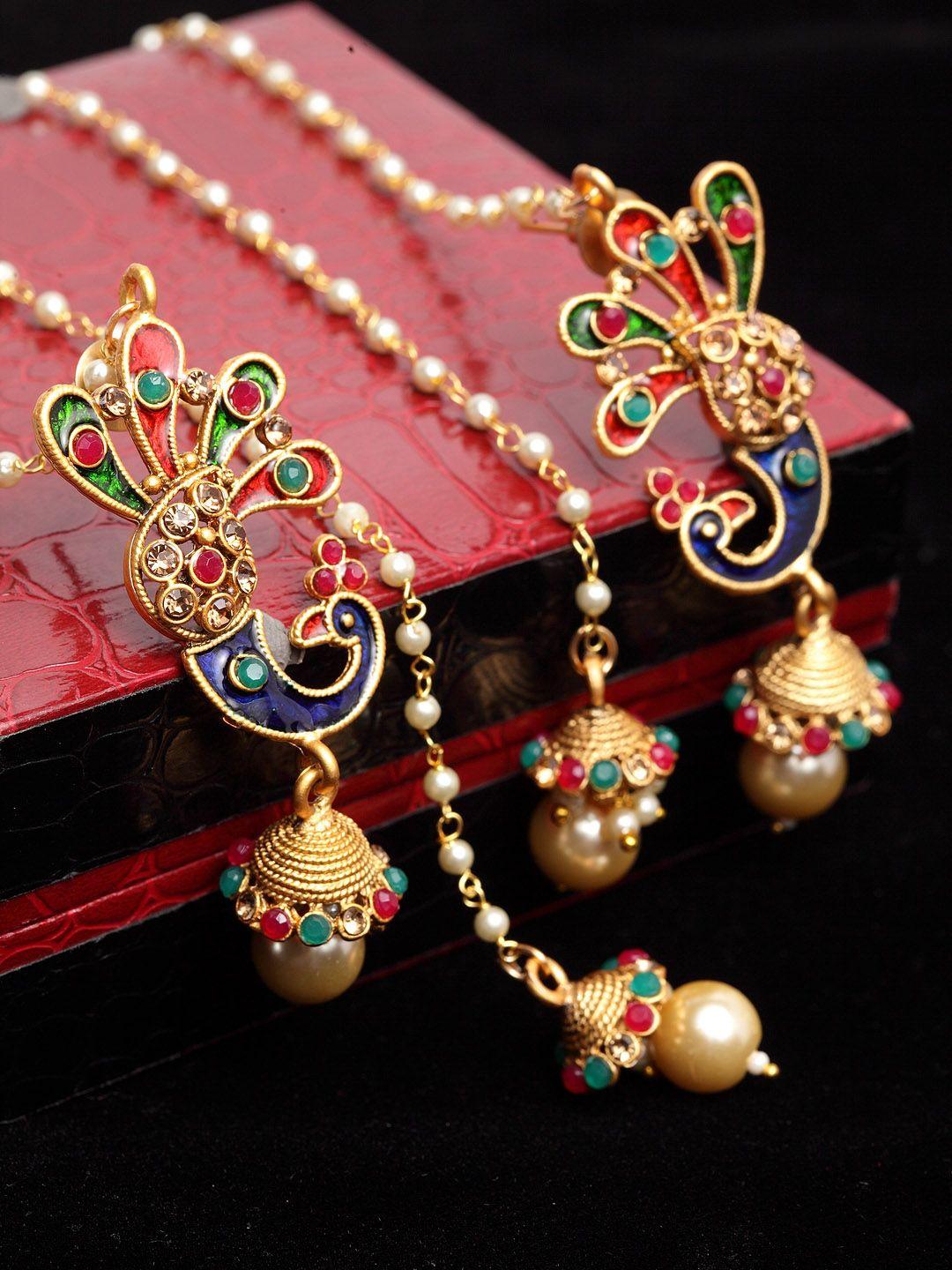 panash gold-plated & off-white meenakari peacock shaped drop earrings