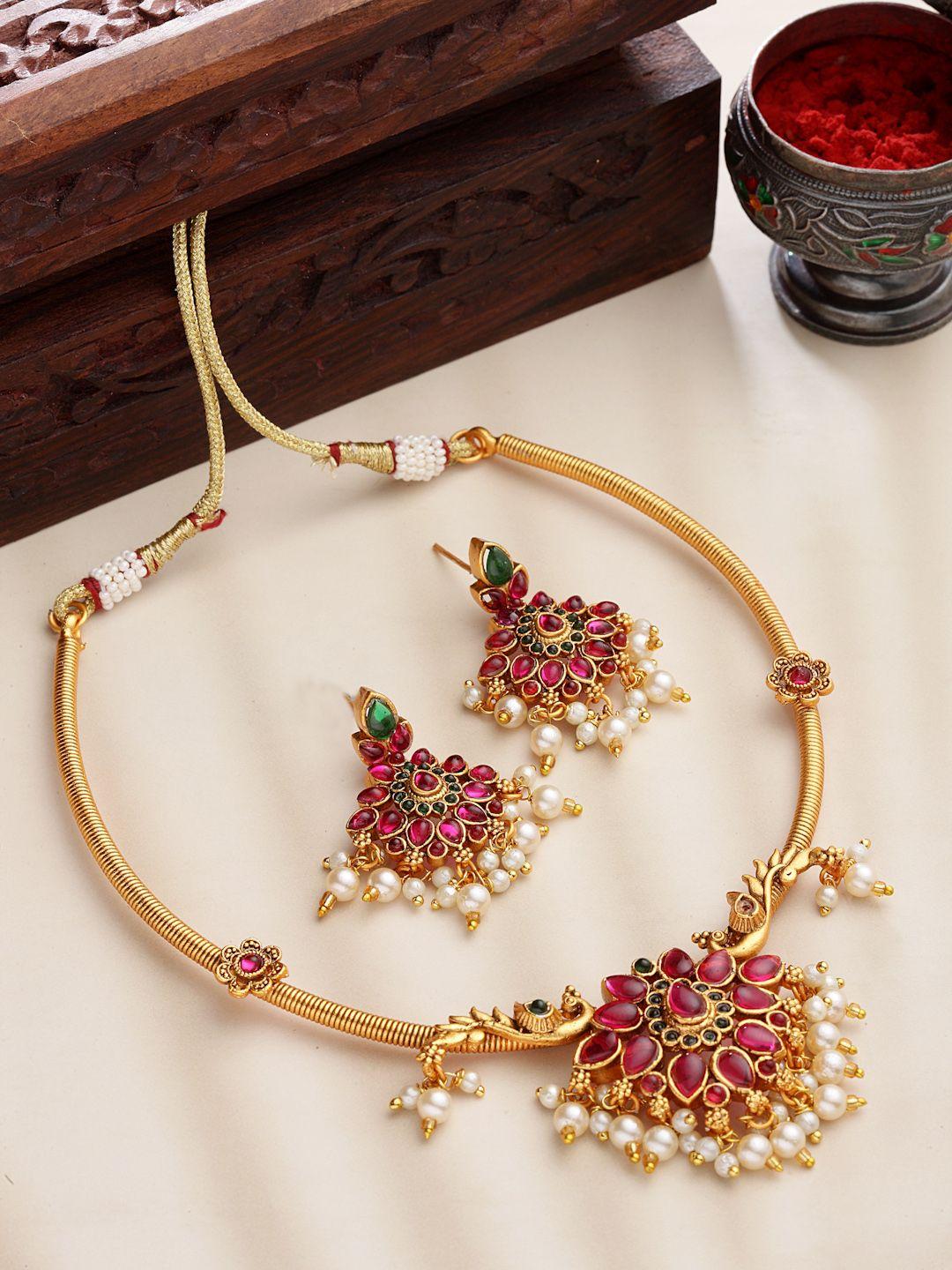 panash gold-plated & toned maroon artificial stones and beads jewellery set
