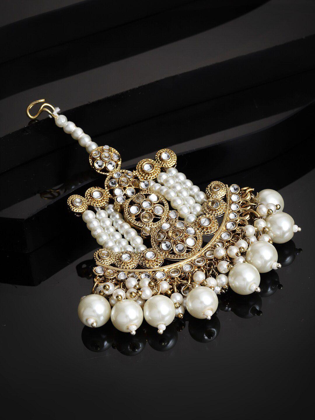panash gold-plated & white stone-studded pearls beaded jhumar passa
