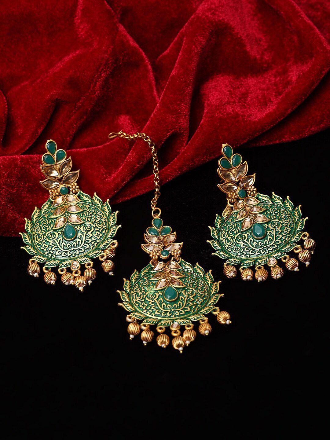 panash gold-plated green & beige stone-studded hand painted jewellery set