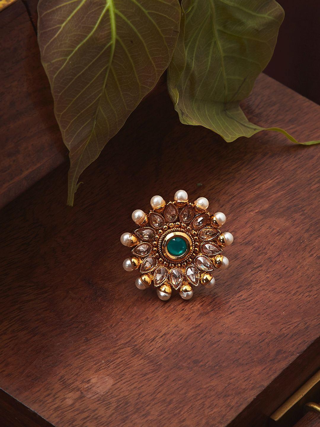 panash gold-plated green & white stone-studded pearl embellished handcrafted adjustable finger ring