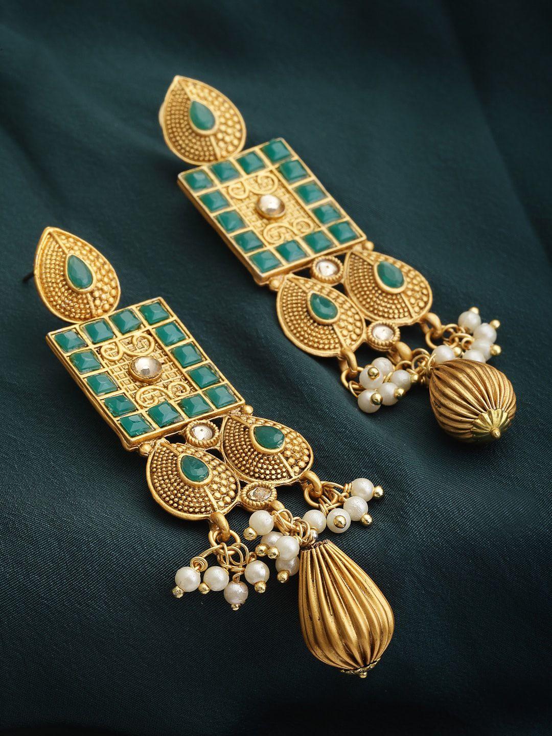 panash gold-plated green stone-studded handcrafted drop earrings