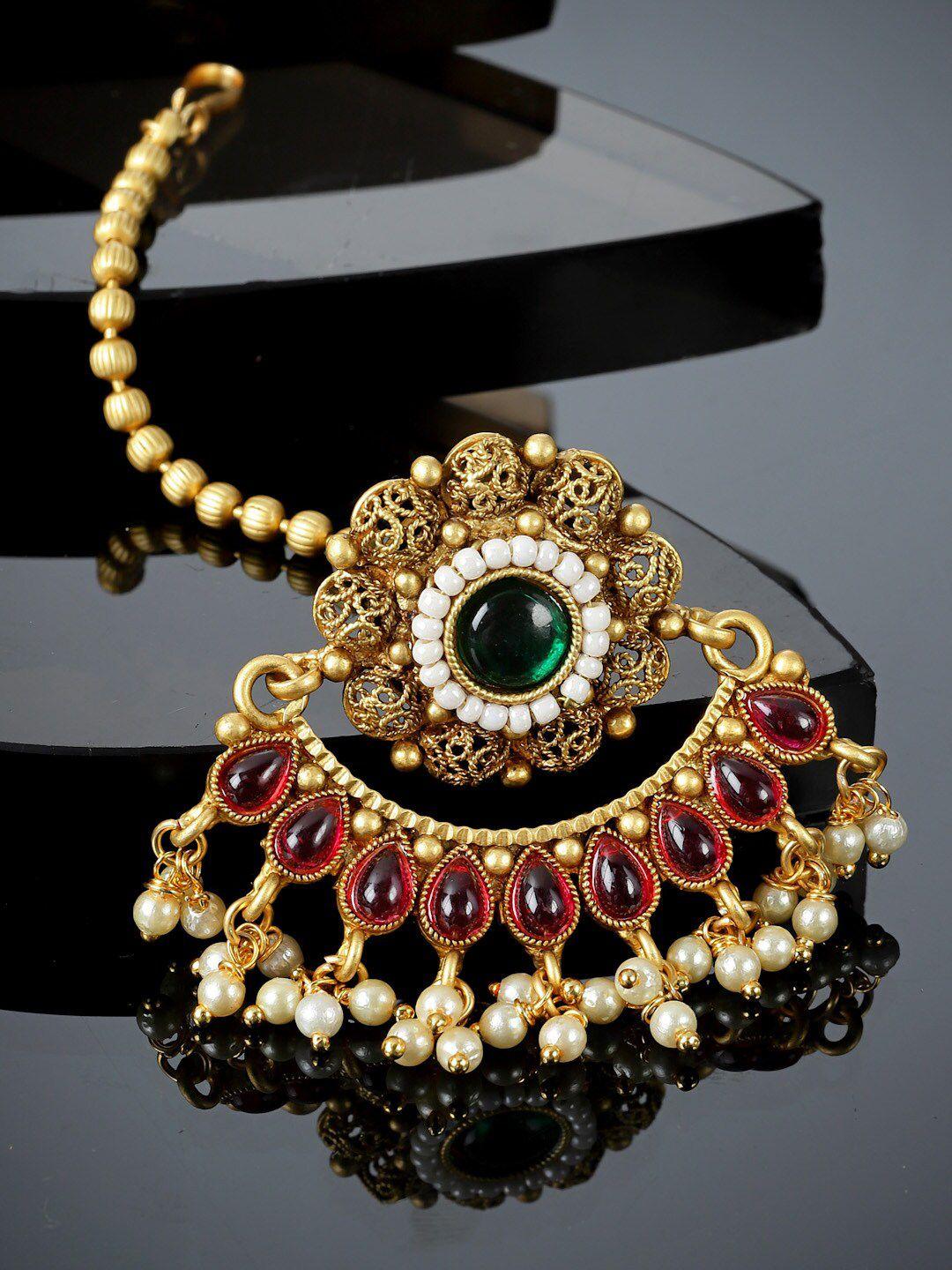 panash gold-plated handcrafted stone-studded & pearl-beaded maang tikka