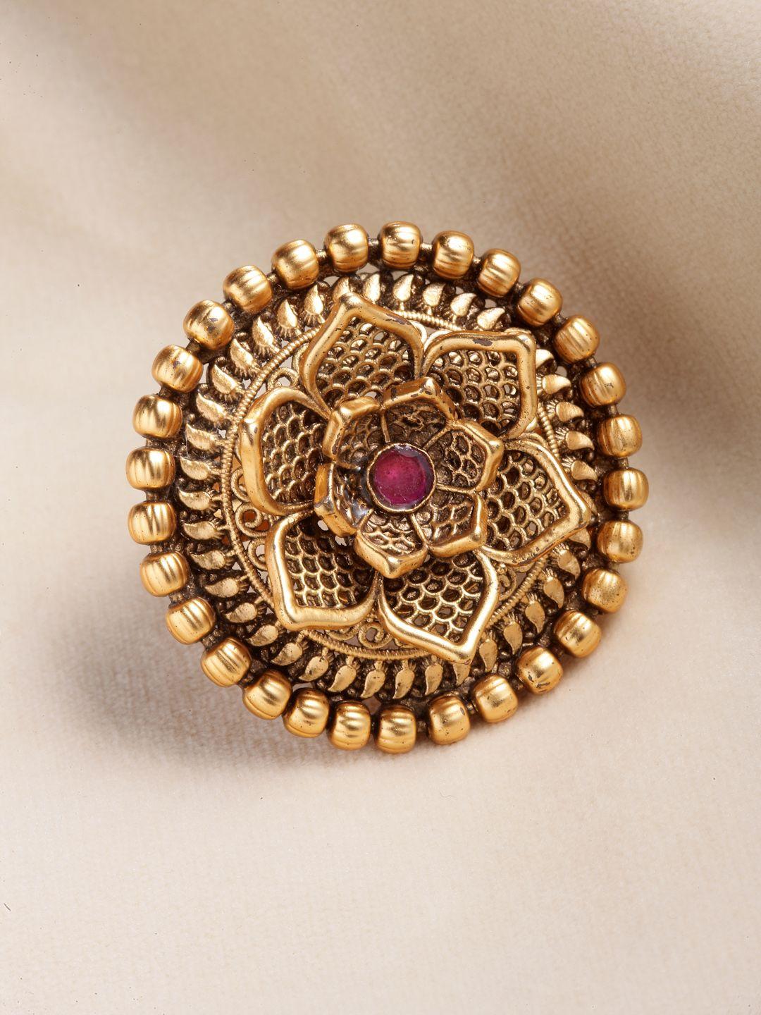 panash gold-plated purple stone studded handcrafted floral finger ring