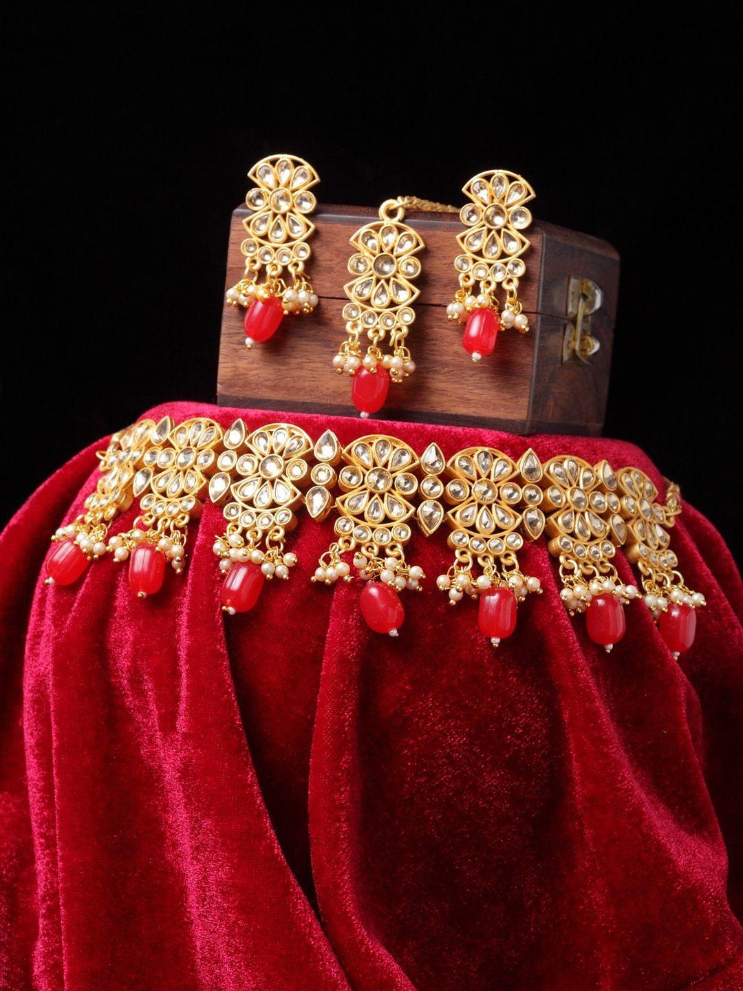 panash gold plated red & white kundan studded handcrafted jewellery set