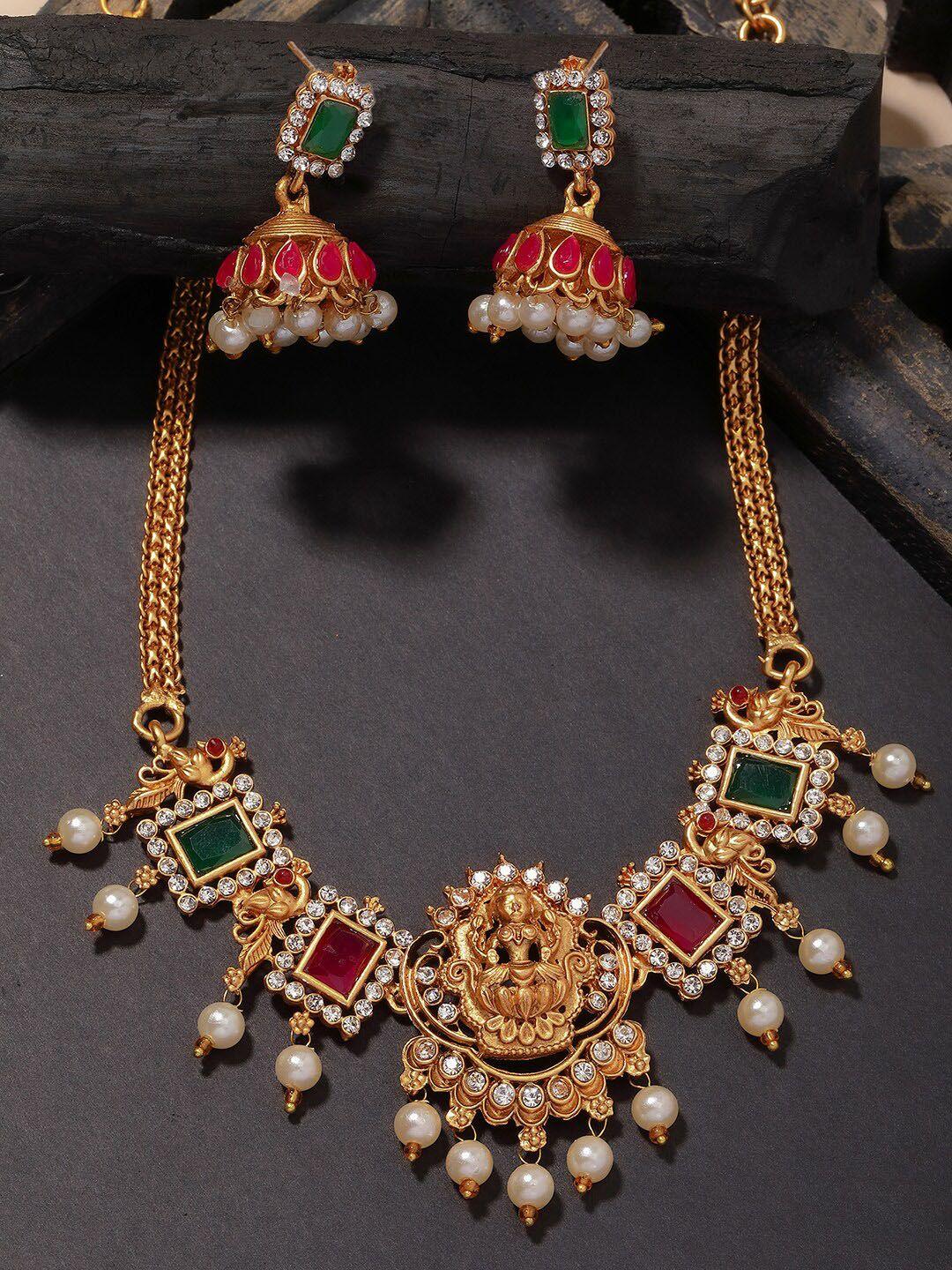 panash gold-plated stone-studded & beaded temple jewellery set