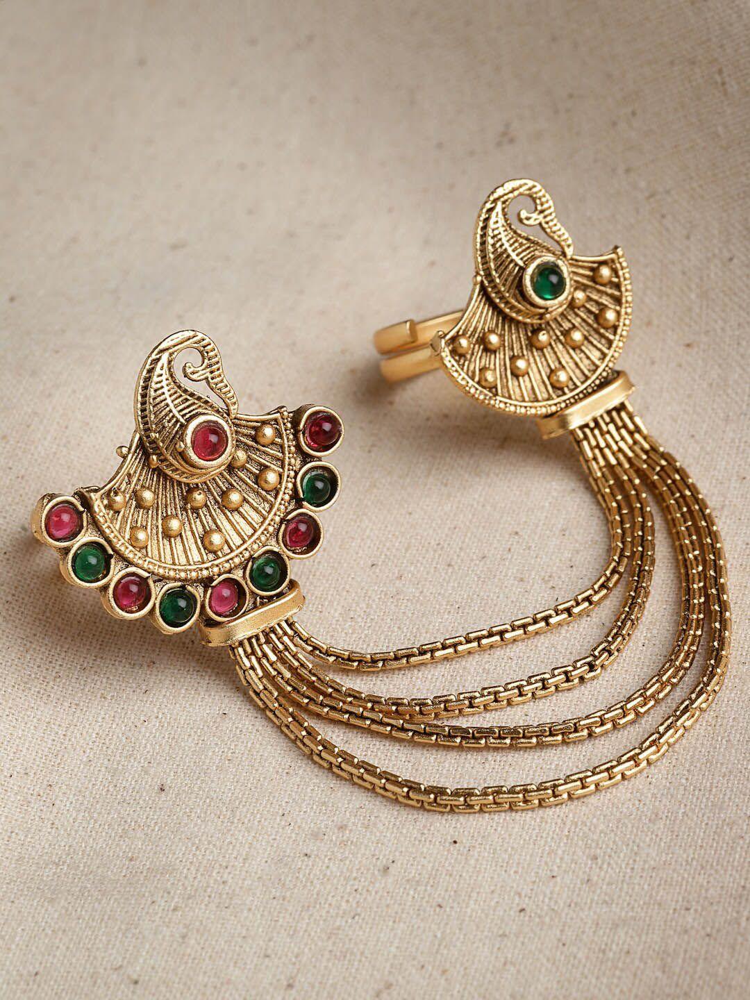 panash gold-plated stone studded dual adjustable finger ring