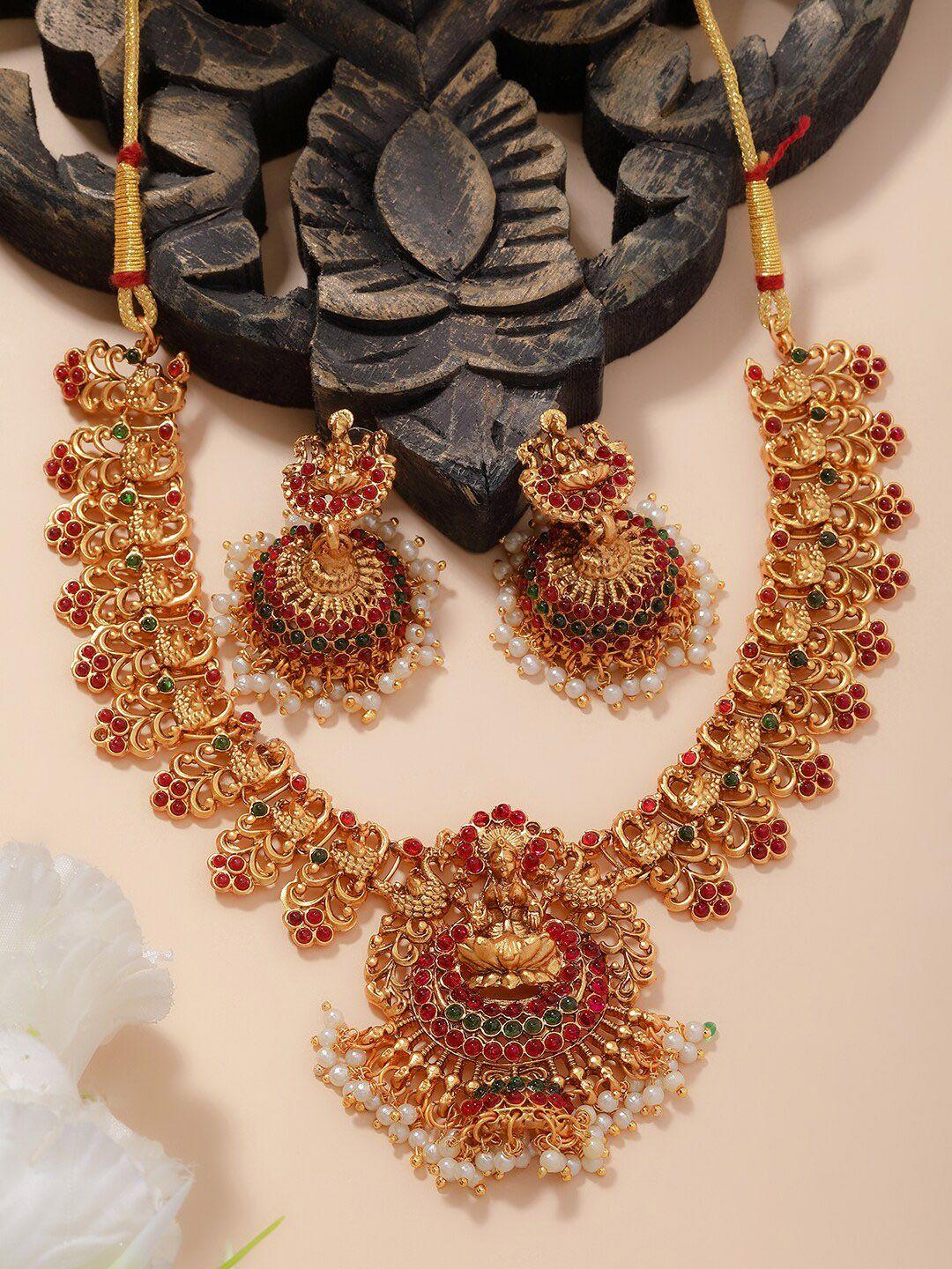 panash gold-plated stones studded & beaded necklace and earrings